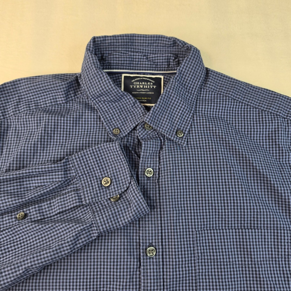 Charles Tyrwhitt Shirt Mens L Blue Extra Slim Fit Gingham Non-Iron Cotton Pocket